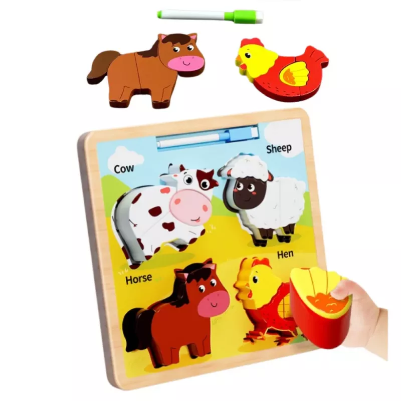 LEAN TOYS Puzzle doska 2v1 drevená vzdelávacia zvieratká fixka