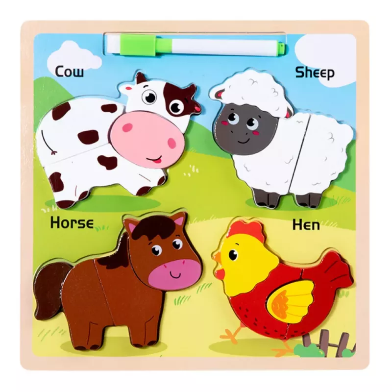 LEAN TOYS Puzzle doska 2v1 drevená vzdelávacia zvieratká fixka