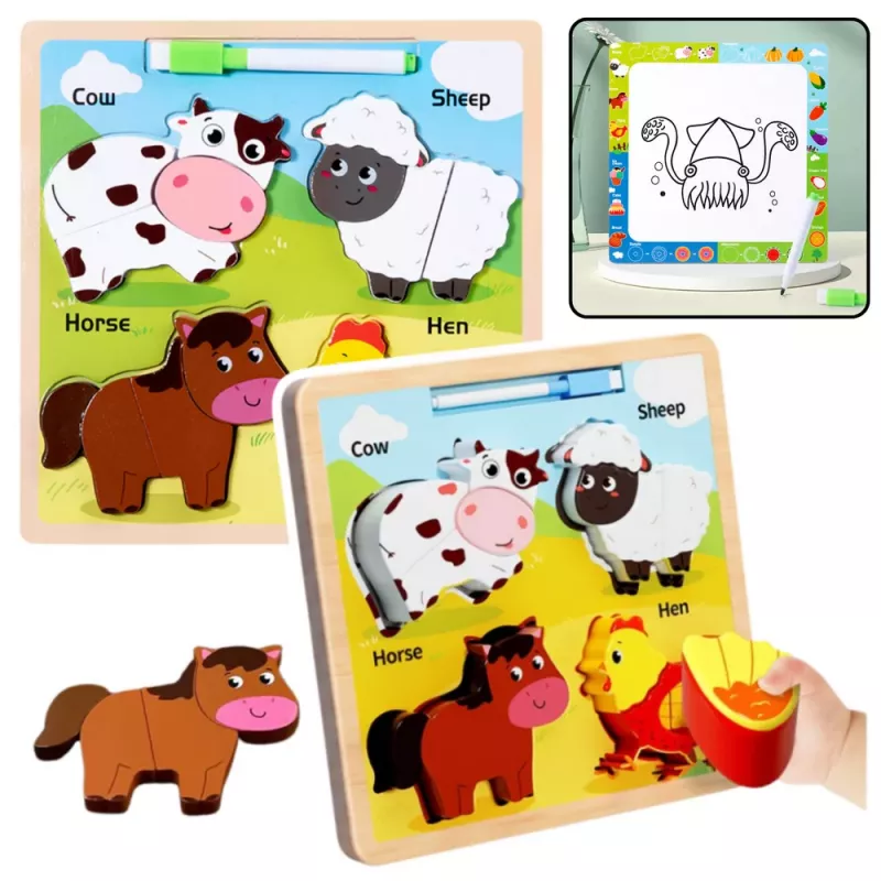 LEAN TOYS Puzzle doska 2v1 drevená vzdelávacia zvieratká fixka
