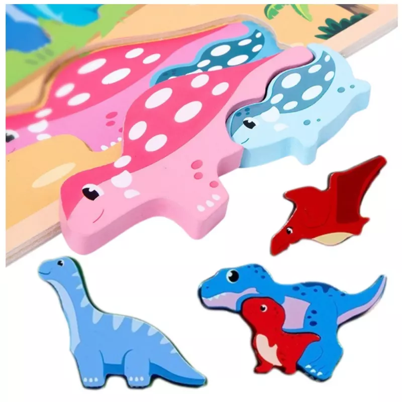 LEAN TOYS Puzzle doska 2v1 drevená vzdelávacia fixka dinosaury 12ks