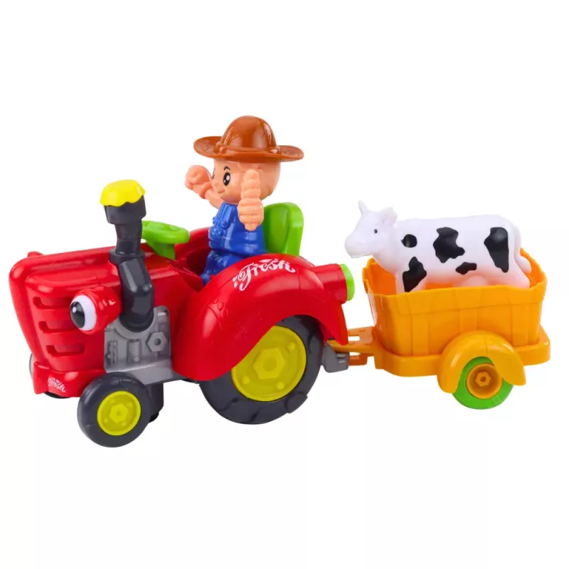LEAN TOYS Interaktívny poľnohospodársky traktor s prívesom, figúrka kravy, svetlo a zvuk