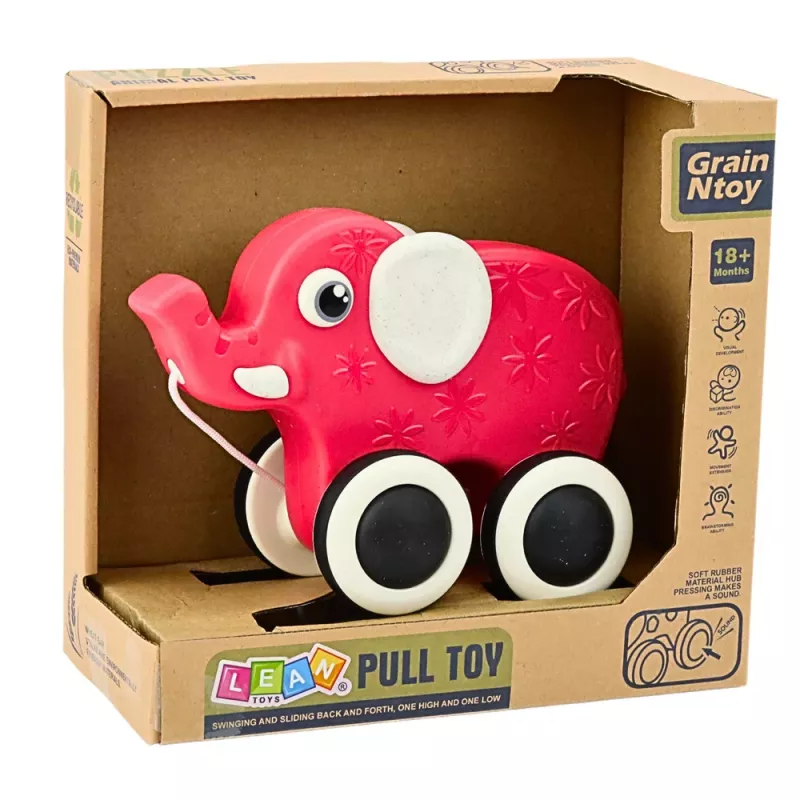 LEAN TOYS Slon ťahacia hračka na šnúrke s pískadlom eko červená