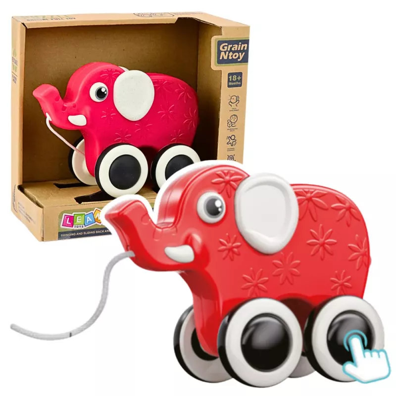 LEAN TOYS Slon ťahacia hračka na šnúrke s pískadlom eko červená