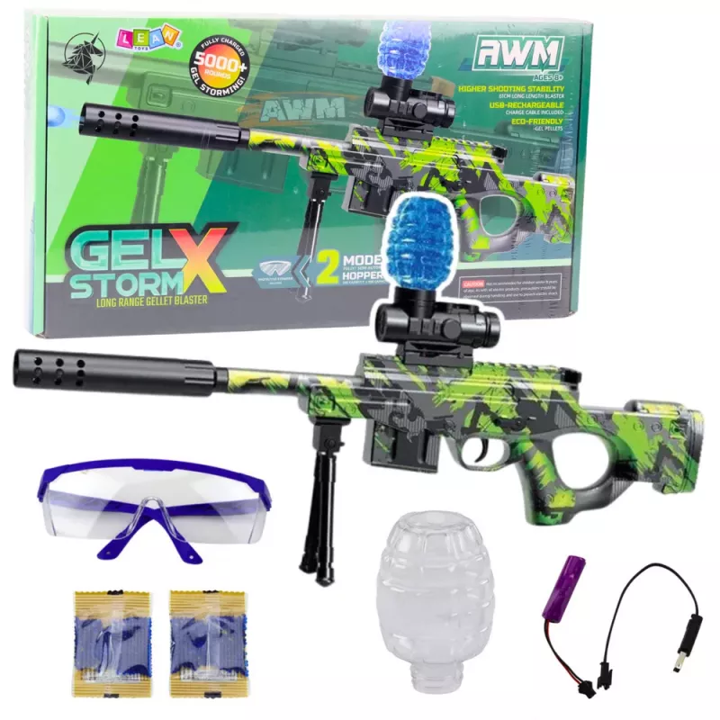 LEAN TOYS AWM puška na vodné gule hydrogel zelená s ochrannými okuliarmi 61cm