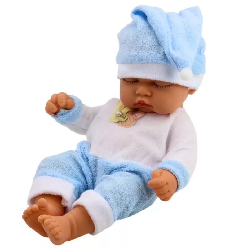 LEAN TOYS Spiaca bábätko bábika v modrých pyžamách s čiapkou s brmbolcom