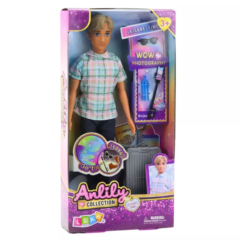 LEAN TOYS Anlily bábika chlapec doplnky kufrík selfie tyč okuliare fľaša