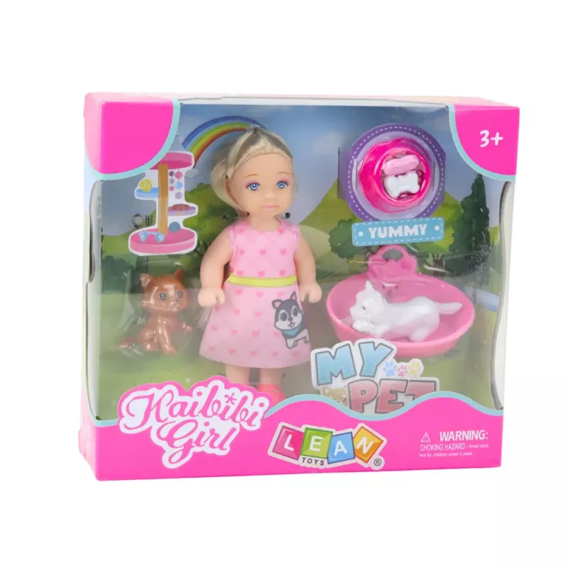 LEAN TOYS Mini sada bábik so psom a mačacou posteľou a miskou na krmivo