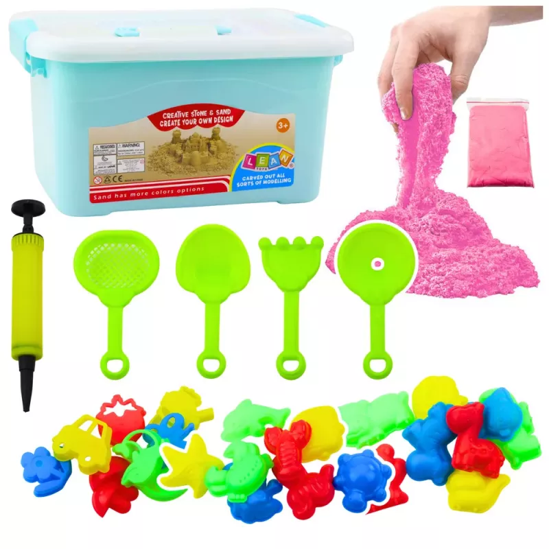 LEAN TOYS Magický piesok sada ružová 3kg formičky nástroje nafukovacia doska
