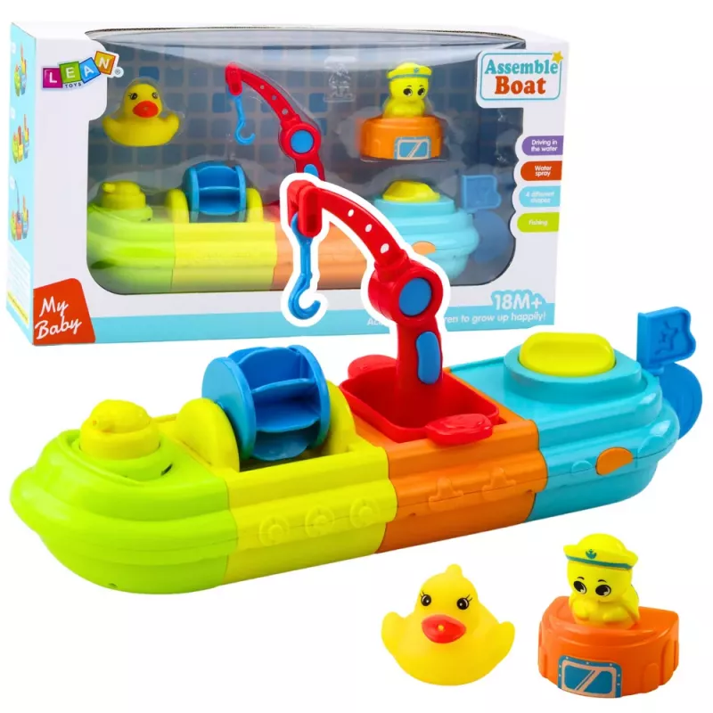 LEAN TOYS Kúpacia hračka loď čln farebný žeriav hák kačica korytnačka