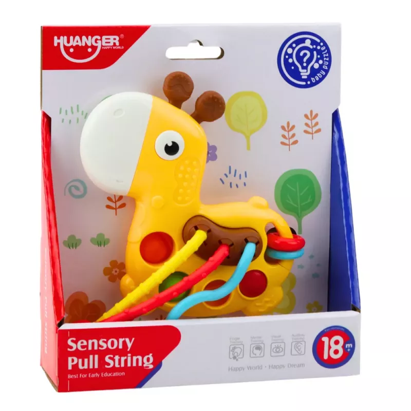 LEAN TOYS Senzorická hračka žirafa na ťahanie za šnúrky žltá