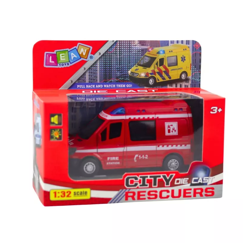 LEAN TOYS Hasičské auto kov Pull-Back motor svetlá zvuky červená 1:32