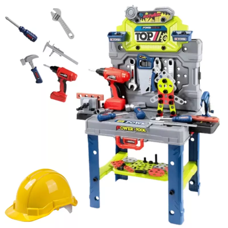 LEAN TOYS Kutilský stôl 2-in-1 kufrík sada nástrojov skrutkovač prilba 133 ks