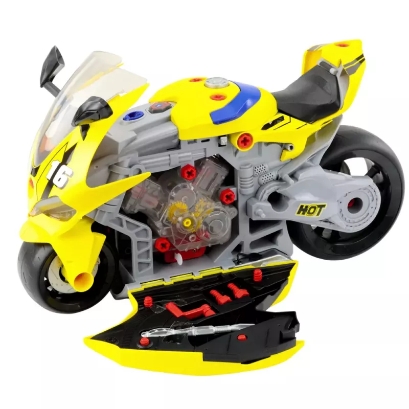 LEAN TOYS 2-in-1 DIY dielňa svetlá zvuky dym motorka žltá 43cm