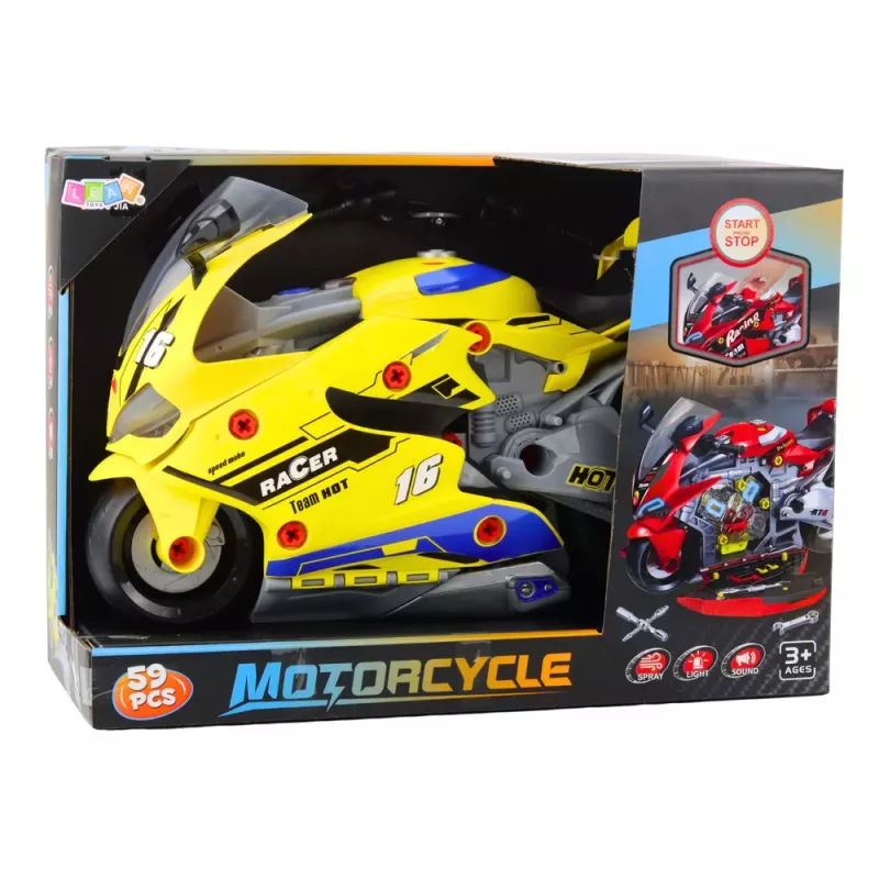LEAN TOYS 2-in-1 DIY dielňa svetlá zvuky dym motorka žltá 43cm
