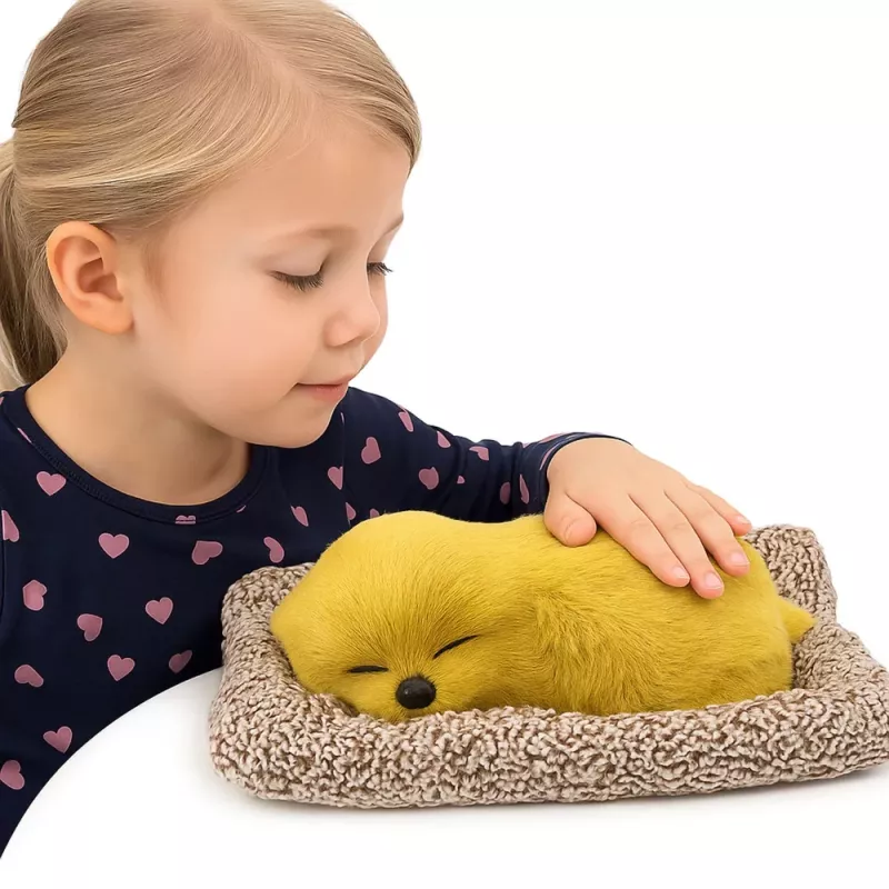 LEAN TOYS spiace šteniatko labradora na vankúši figúrka so srsťou a priehľadnou taškou