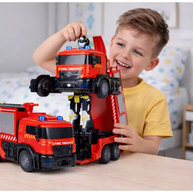 LEAN TOYS hasičský robot auto 2 v 1 diaľkovo ovládaný RC svetlá zvuky voda