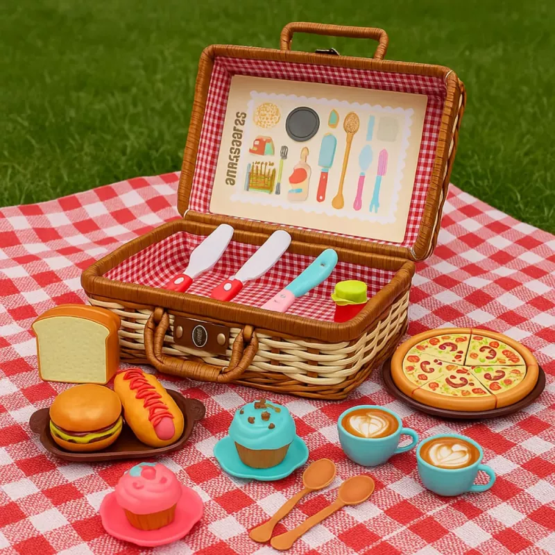 LEAN TOYS Sada piknikového košíka pletené príslušenstvo k jedlu 33-dielna