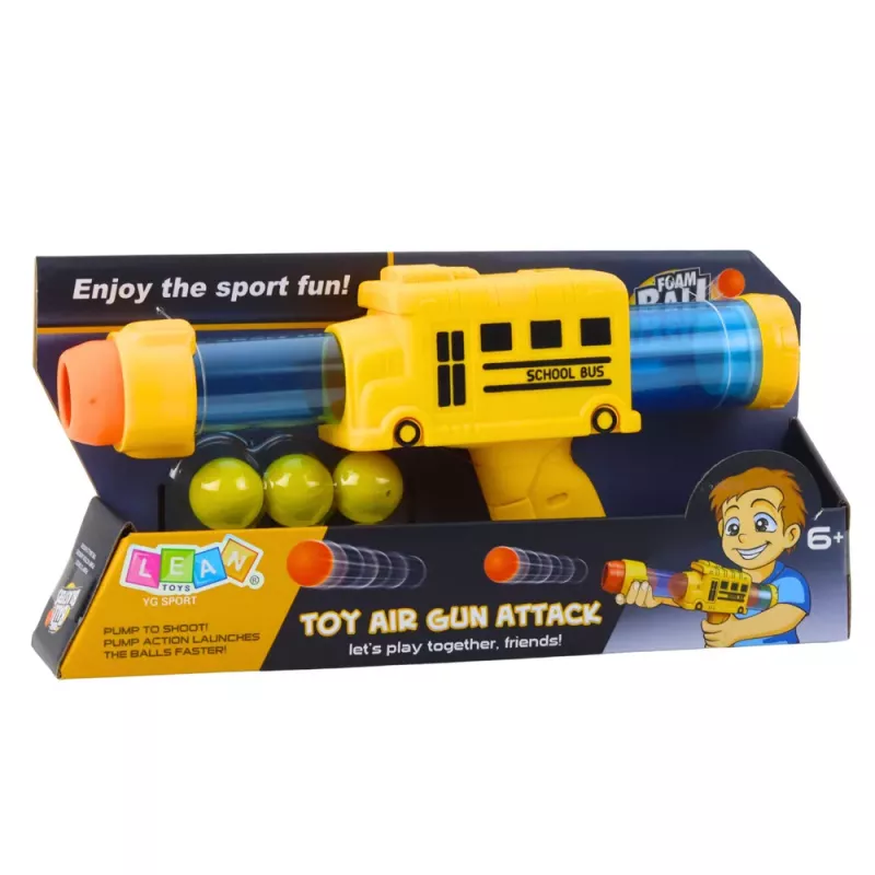 LEAN TOYS Pištoľ na soft penové loptičky školský autobus žltá 6 ks