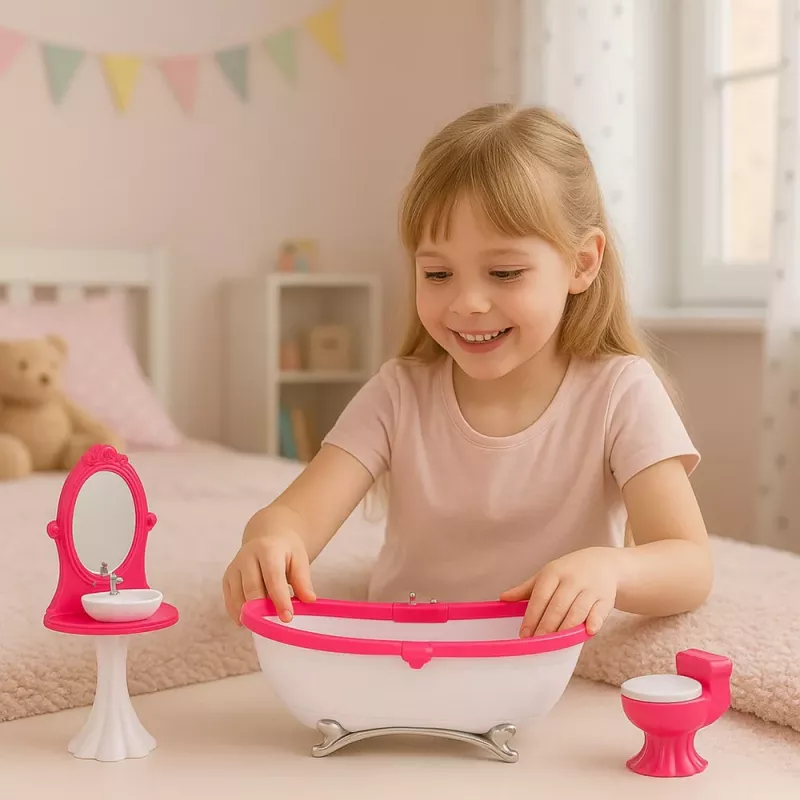 LEAN TOYS Sada kúpeľne pre bábiky: vaňa toaleta umývadlo so zrkadlom