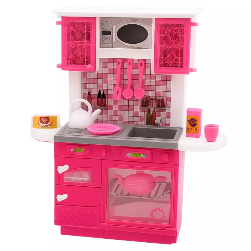 LEAN TOYS Sada kuchyne pre bábiky s chladničkou sporákom a príslušenstvom ružová