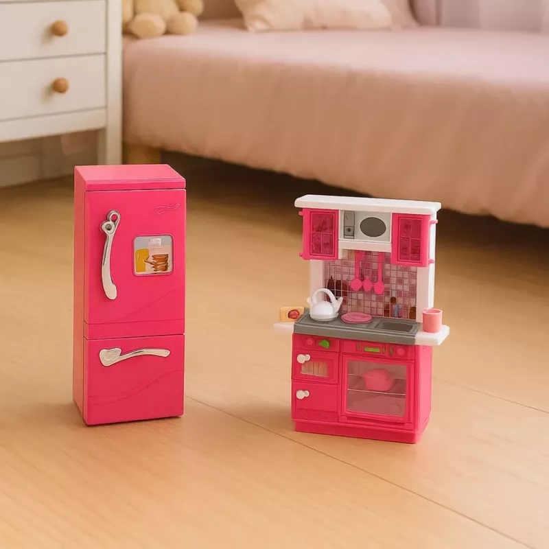 LEAN TOYS Sada kuchyne pre bábiky s chladničkou sporákom a príslušenstvom ružová