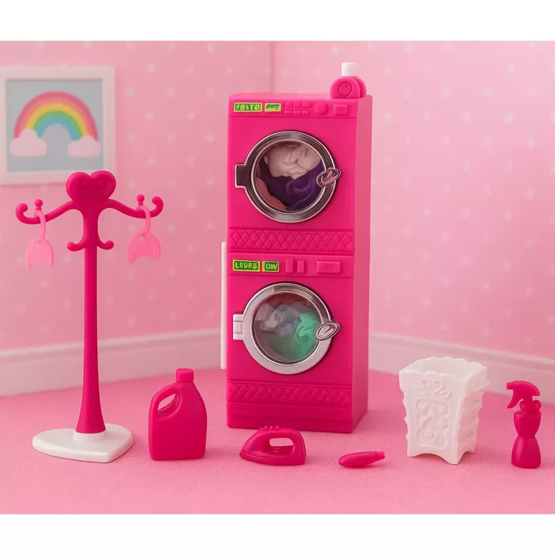 LEAN TOYS Sada prania pre bábiky práčka sušička košík na prádlo vešiaky ružová