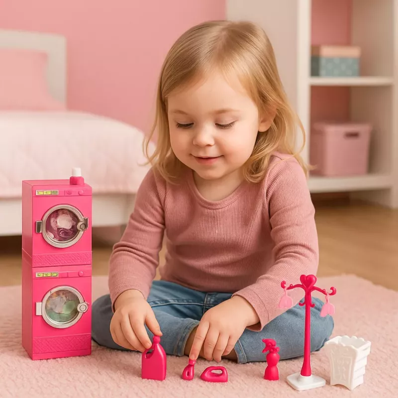 LEAN TOYS Sada prania pre bábiky práčka sušička košík na prádlo vešiaky ružová