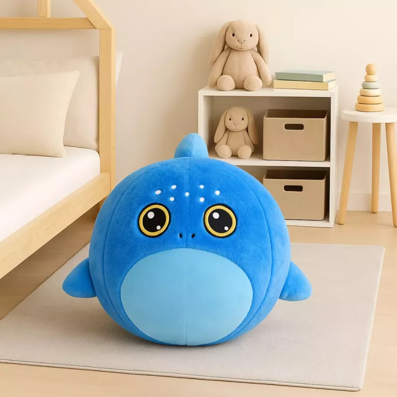 LEAN TOYS Rastúca plyšová modrá žralok skákacia lopta pumpa 50 cm