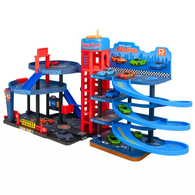 LEAN TOYS Parkovací dom s autami, 4-poschodová pretekárska dráha, 8 kovových vozidiel, nálepky