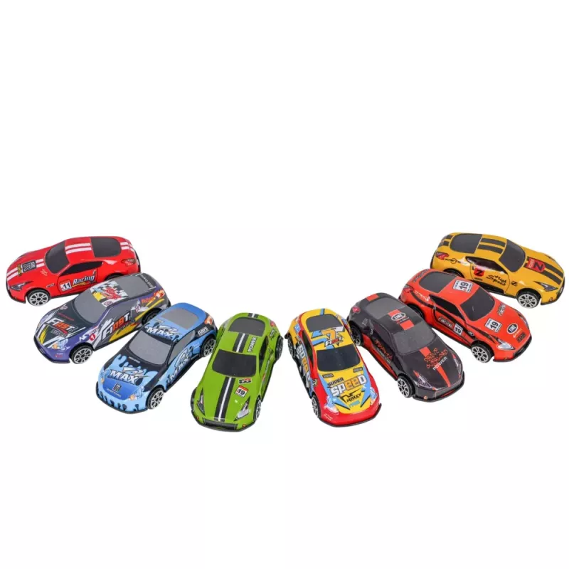 LEAN TOYS Parkovací dom s autami, 4-poschodová pretekárska dráha, 8 kovových vozidiel, nálepky