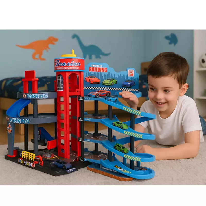 LEAN TOYS Parkovací dom s autami, 4-poschodová pretekárska dráha, 8 kovových vozidiel, nálepky