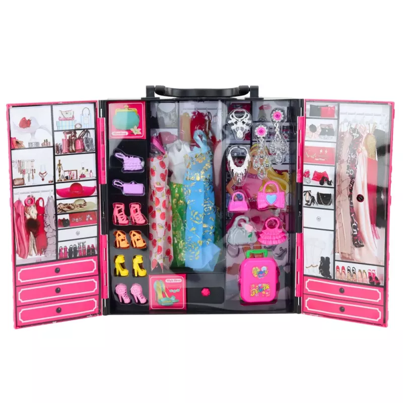 LEAN TOYS Ružová sada šatníka pre bábiky, šaty, topánky, doplnky