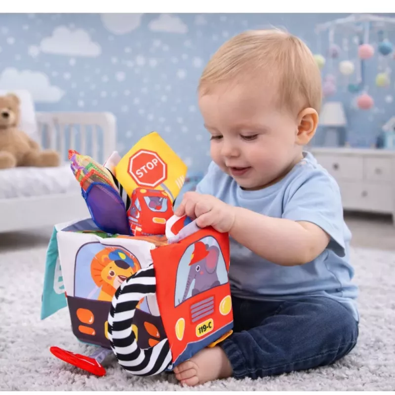 LEAN TOYS Mäkká senzorická kocka so zrkadlom autami a dopravnými značkami pre batoľatá
