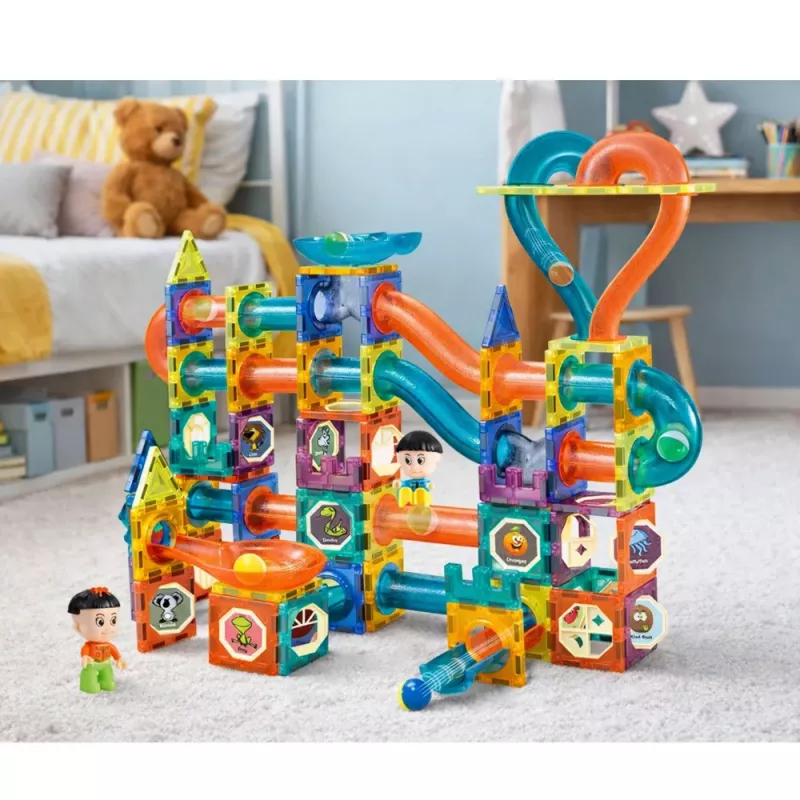 LEAN TOYS Sada magnetických kociek guľôčková dráha šmýkačka farebná 188 dielov