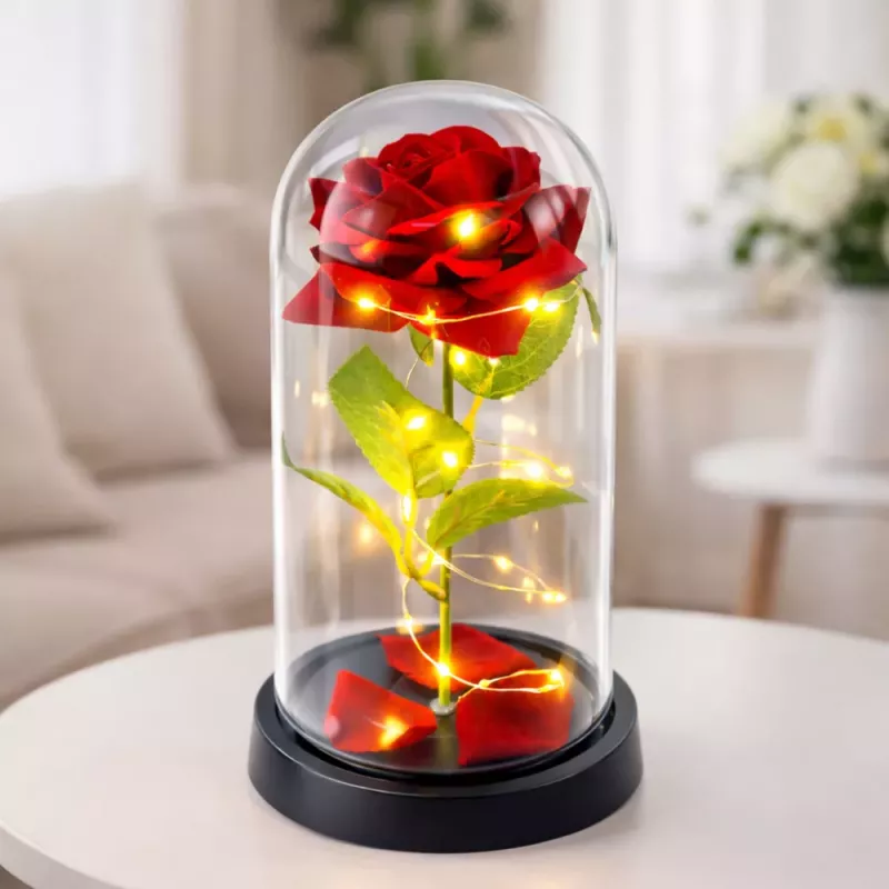 LEAN večná ruža v sklenenej kupole LED osvetlenie červená 21,5 x 11 cm