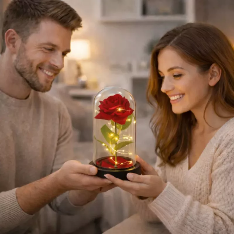 LEAN večná ruža v sklenenej kupole LED osvetlenie červená 21,5 x 11 cm