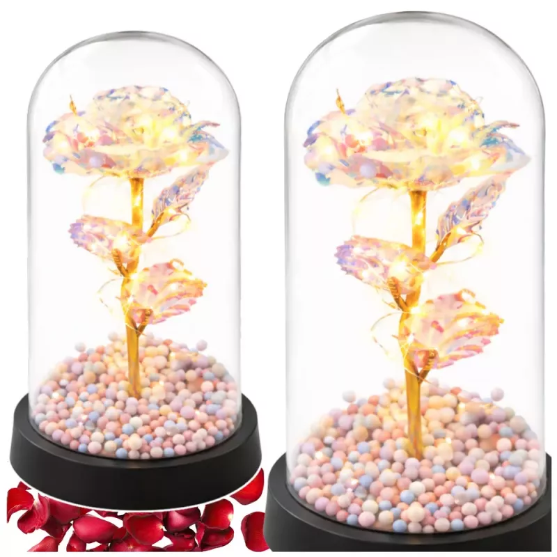 LEAN večná ruža v sklenenej kupole LED krištáľové osvetlenie 21,5 x 11 cm