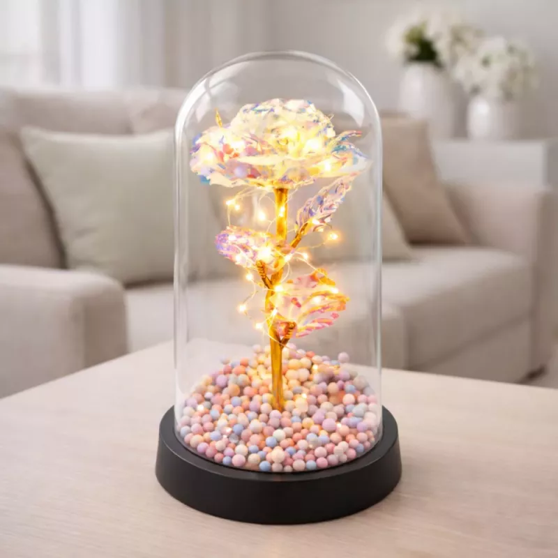 LEAN večná ruža v sklenenej kupole LED krištáľové osvetlenie 21,5 x 11 cm