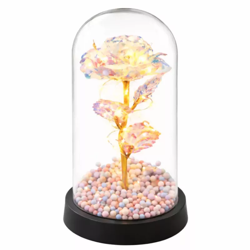 LEAN večná ruža v sklenenej kupole LED krištáľové osvetlenie 21,5 x 11 cm