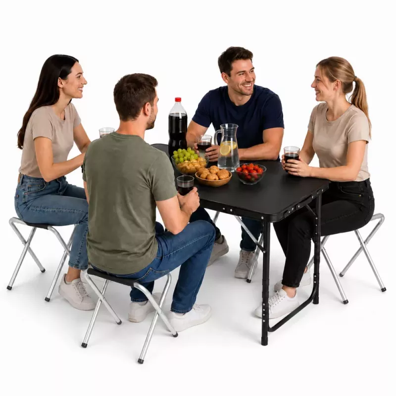 LEAN sada kempingového nábytku skladací stôl 4 stoličky čierny kufrík
