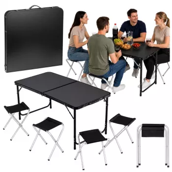 LEAN sada kempingového nábytku skladací stôl 4 stoličky čierny kufrík
