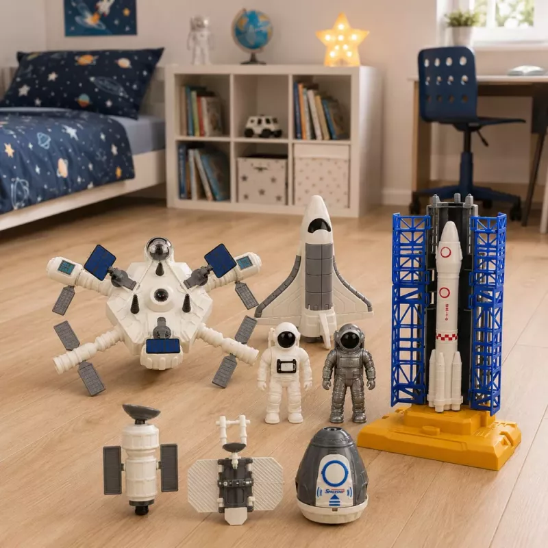 LEAN TOYS vesmírna stanica raketa raketoplán satelity kozmonauti svetlá