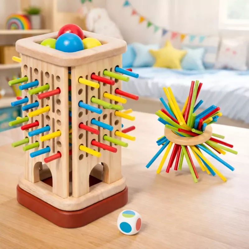 LEAN TOYS drevená zručnostná hra veža palice lopty kocky 37 dielov