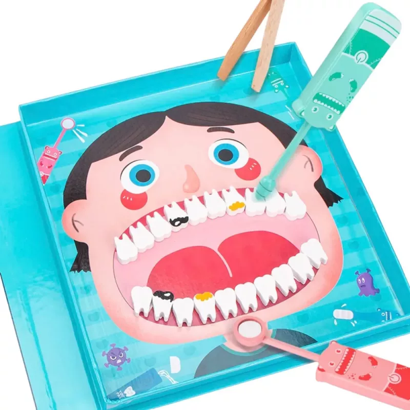 LEAN TOYS drevená sada malý zubár magnetická kniha zuby nástroje