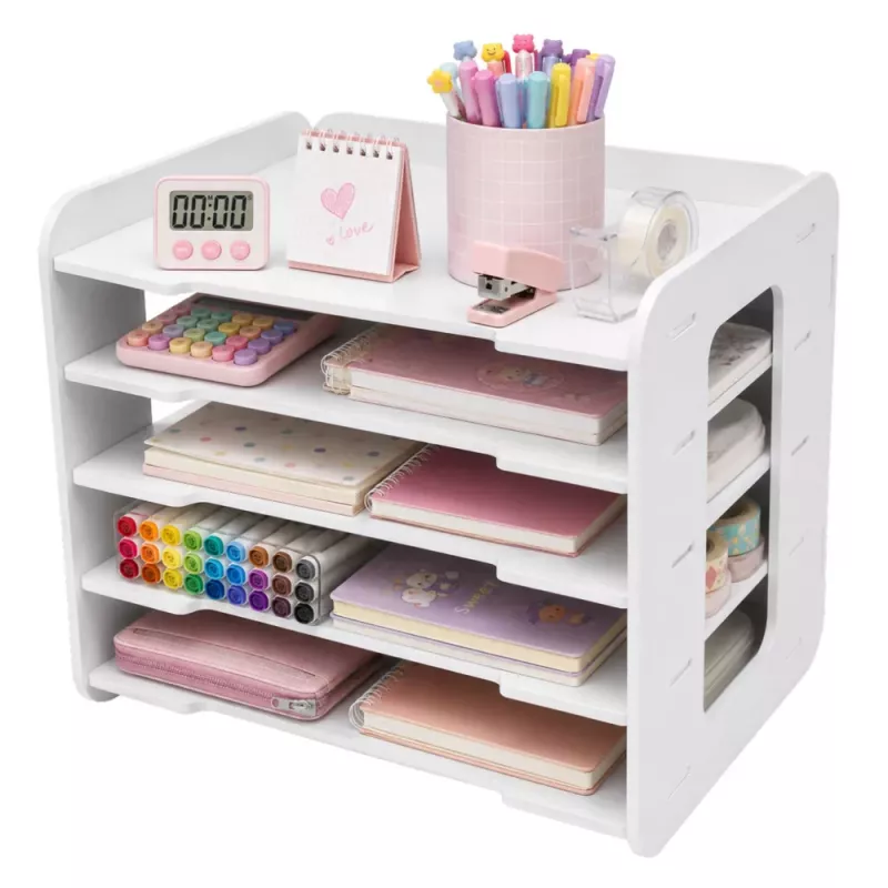 LEAN TOYS organizér na stôl z dreva, priehradky na A4 dokumenty, biely