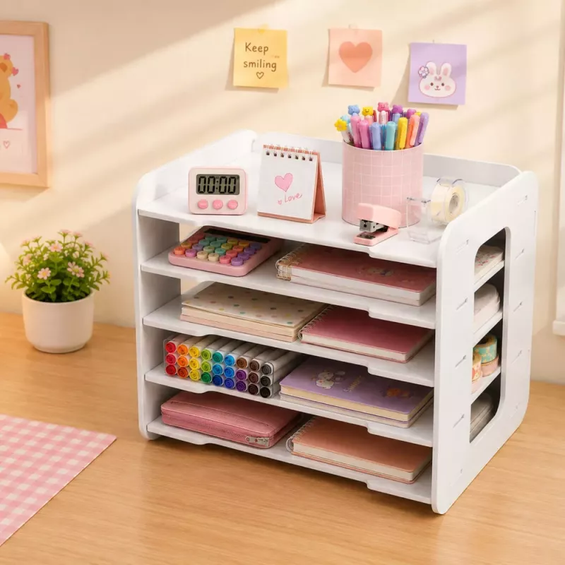 LEAN TOYS organizér na stôl z dreva, priehradky na A4 dokumenty, biely