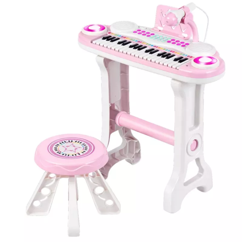 LEAN TOYS elektronické piano organ pre deti so stoličkou, mikrofónom, MP3 - ružové