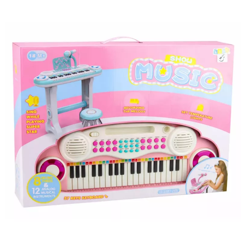 LEAN TOYS elektronické piano organ pre deti so stoličkou, mikrofónom, MP3 - ružové