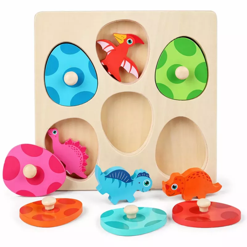 LEAN TOYS Drevená skladačka dinosaury vo vajíčkach vzdelávacia pamäťová hra