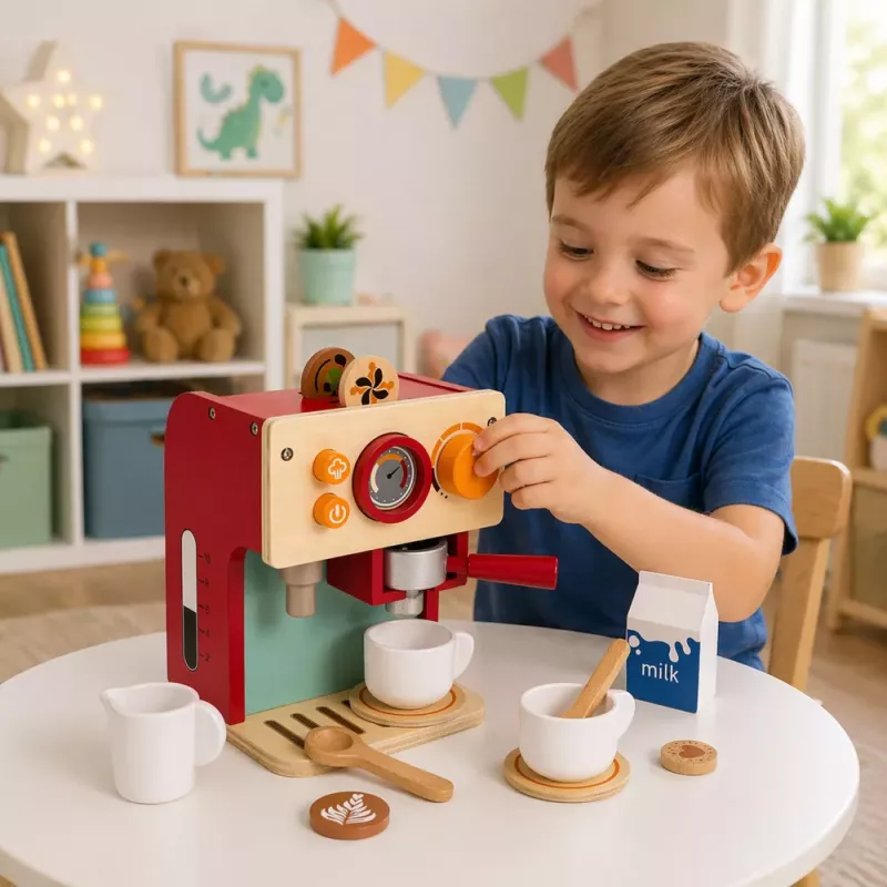 LEAN TOYS Drevená sada kávovaru malý barista šálky doplnky